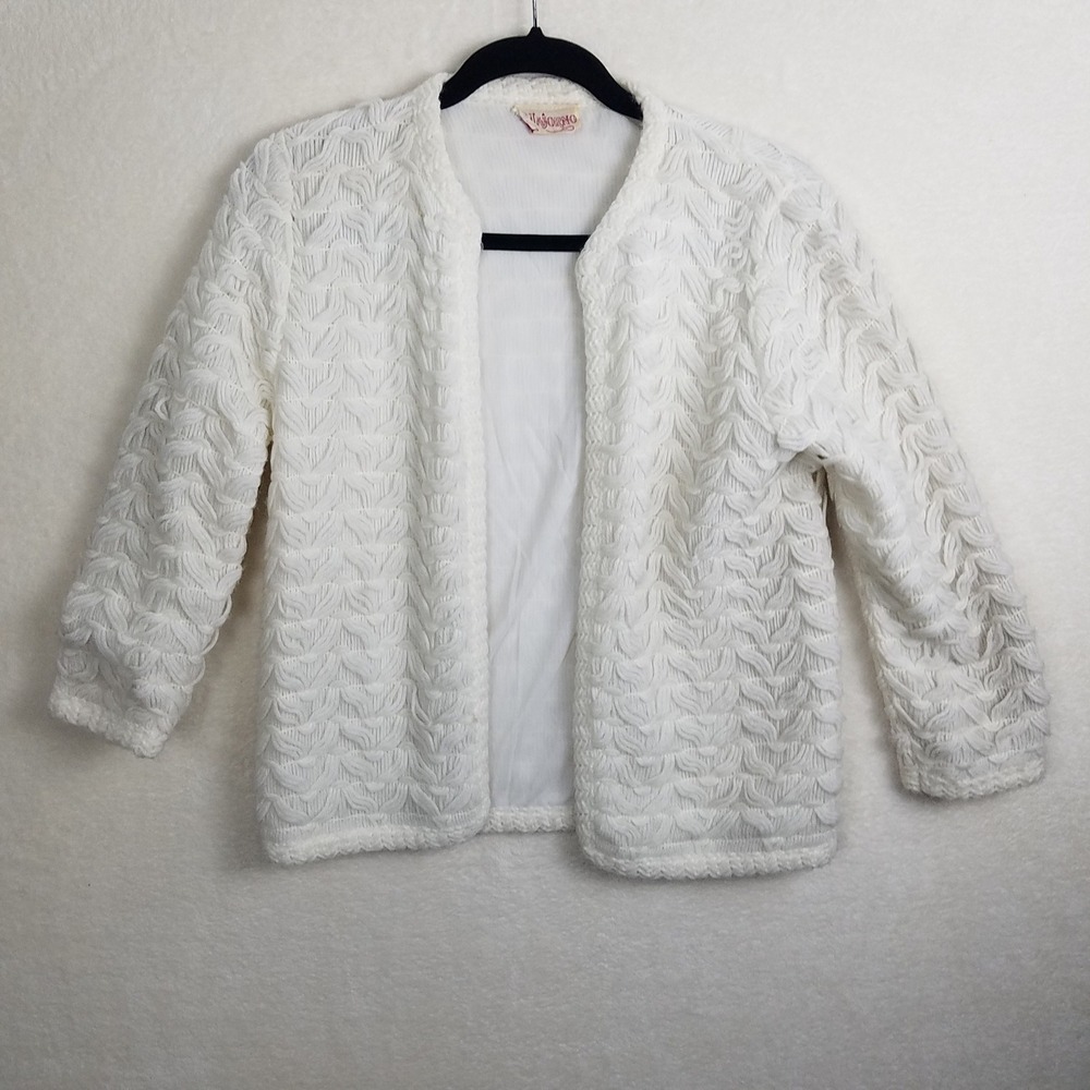 Majorno VNTG White Textured Knit Open Front 3/4 Sleeve Cardigan Sweater‎ Women
